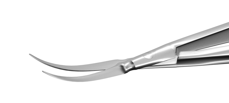 131R 11-062S McPherson-Vannas Curved Iris Scissors, Sharp Tips, 8.00 mm Blades, Round Handle, Length 85 mm, Stainless Steel